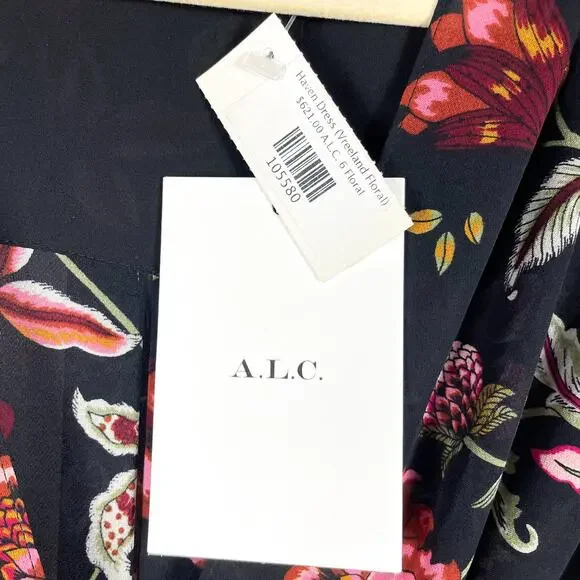 ALC Haven Dress Black Floral Silk Long Sleeve Mini‎ V-Neck Sz 6
